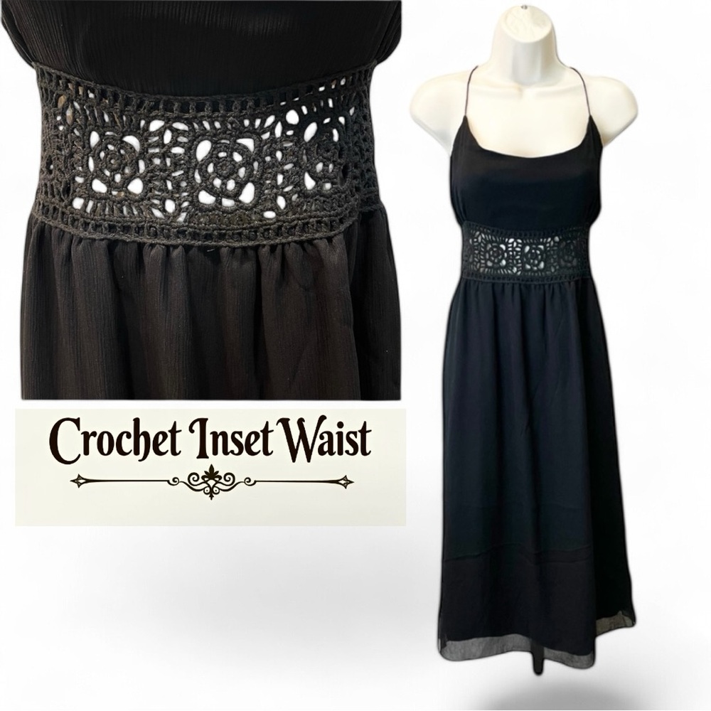 Y.a.r.n.s Crinkle Silk Dress with Crochet Insert at Waist